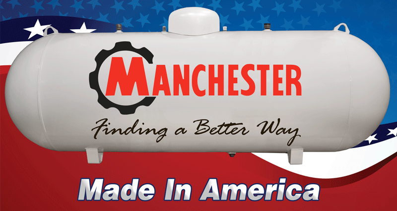 Horizontal Propane tank with the Manchester logo on it in front of an American flag background.